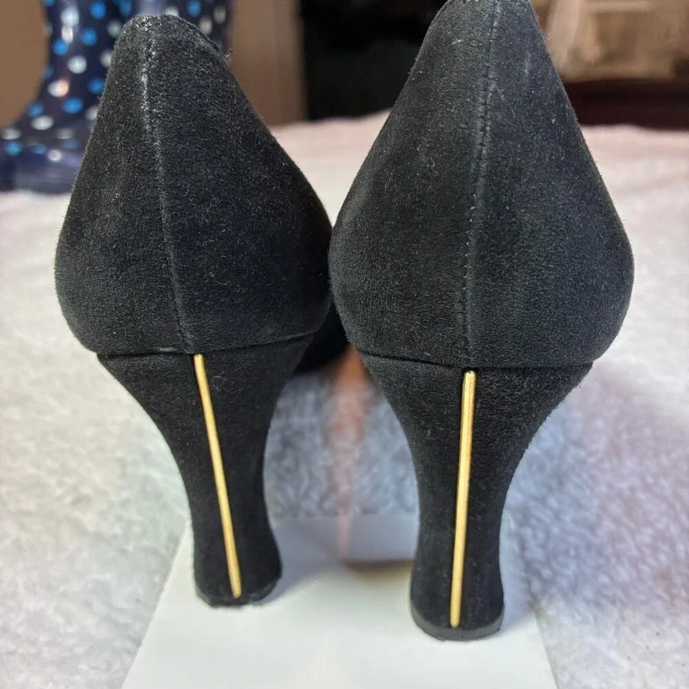 Stuart Weitzman black suede 7W heels Gold embellished‎ Elegant Quiet Luxury Glam